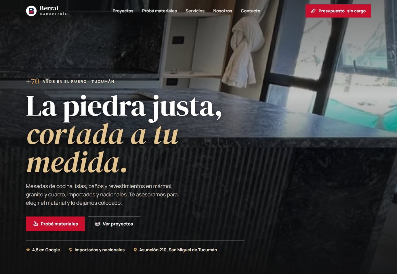 Captura de la muestra de Marmolería Berral: una isla de granito negro con el título «La piedra justa, cortada a tu medida».